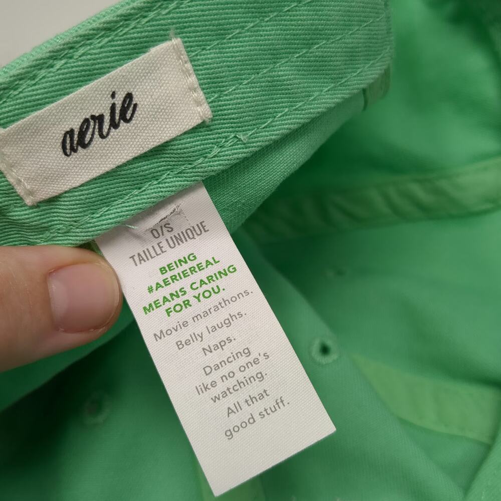 Aerie Baseball Cap Green One Size Happy Embroidered Cotton Slideback Hat - Picture 9 of 11